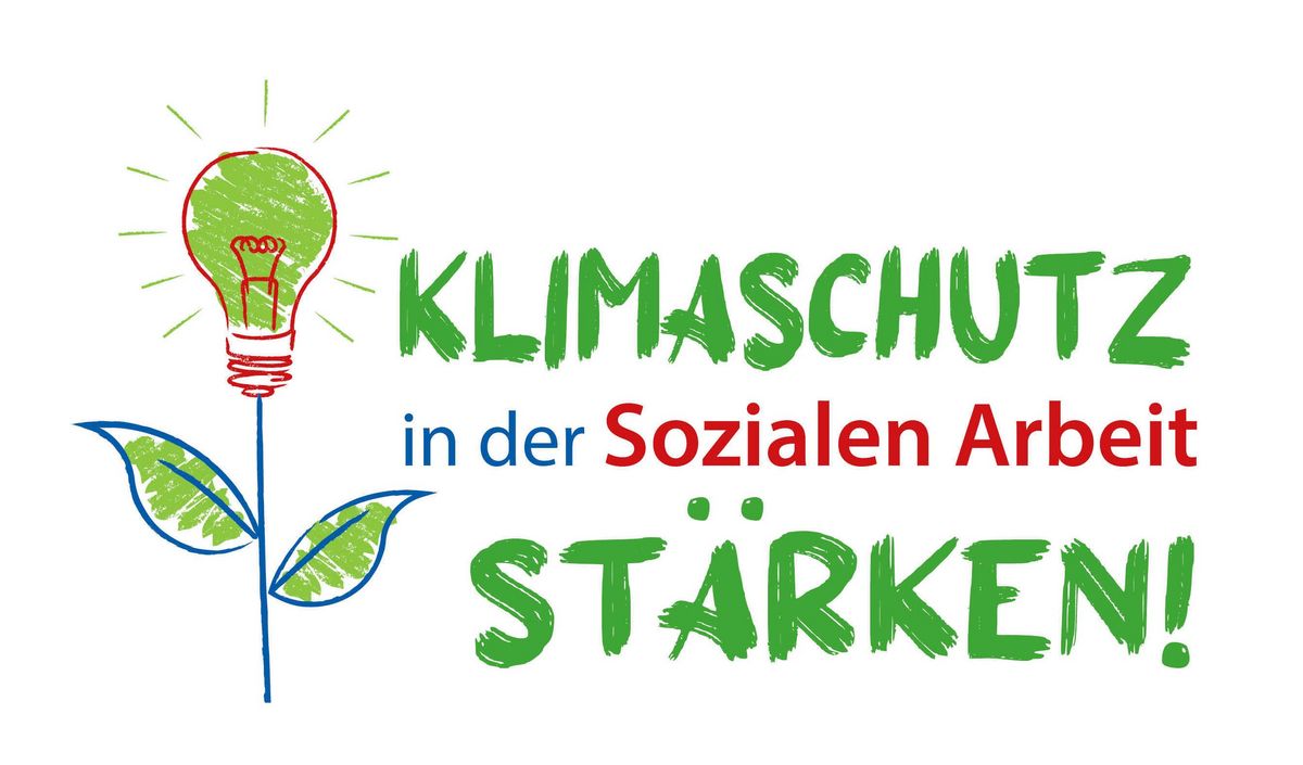 Logo des Projektes "Klimaschutz in der Sozialen Arbeit stärken" mit einer Pflanze, die als Blüte eine Glühbirne besitzt.