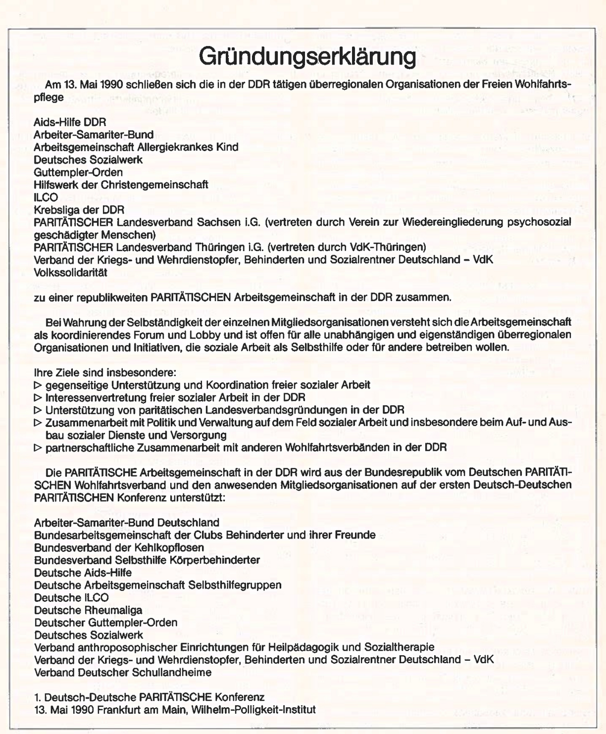 Ein offizielles Dokument mit der Überschrift "Gründungserklärung (der republikweiten Arbeitsgemeinschaft in der DDR).
