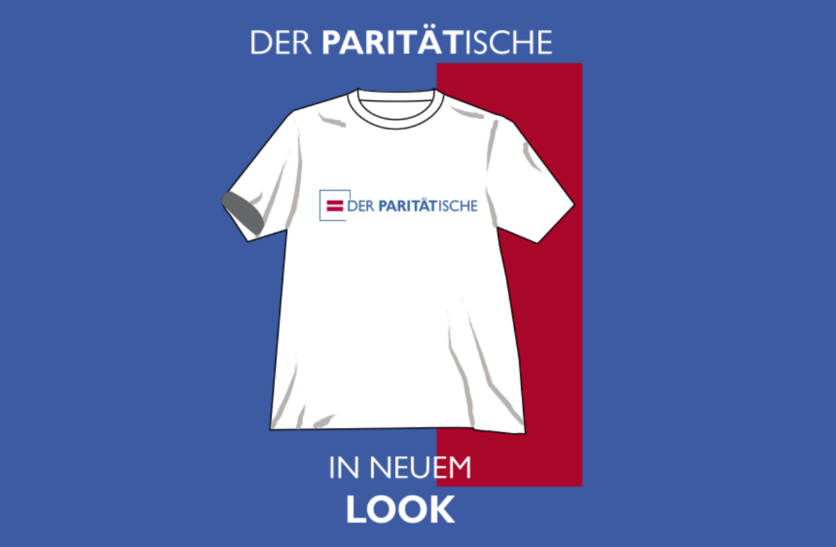 Grafik auf blauem Hintergrund auf dem ein T-Shirt mit dem damals neu eingeführten Logo mit Gleichheitszeichen ist. Dabei steht: "Der Paritätische in neuem Look".
