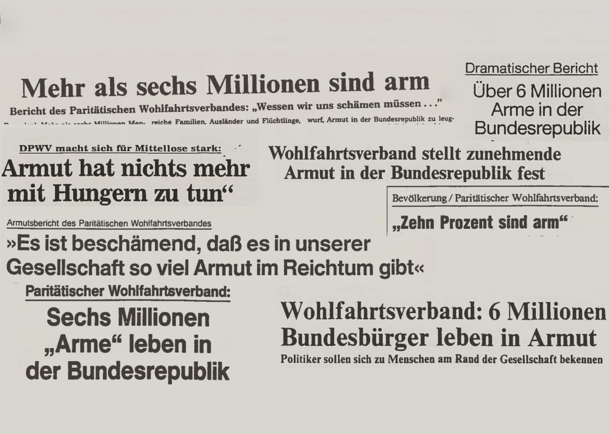 Collage aus Presse-Schlagzeilen zum ersten Amutsbericht: "Mehr als 6 Miliionen sind arm; Es ist beschämend, dass es in unserer Gesellschaft so viel Armut im Reichtum gibt".
