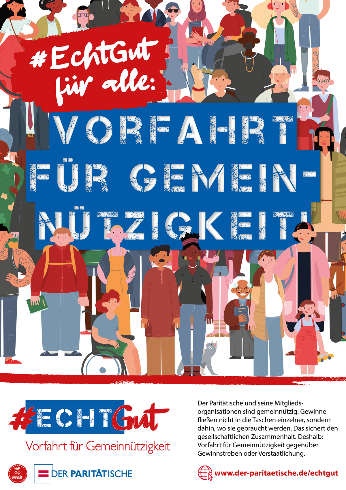 Plakat mit vielen unterschiedlichen Menschen und der Aufschrift "#EchtGut für alle: Vorfahrt für Gemeinnützigkeit".