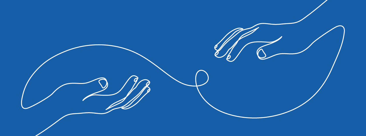 Vor blauem Hintegrund sind zwei Hände gezeichnet, die sich einmal von links und einmal von rechts kommend auf einander zu bewegen.