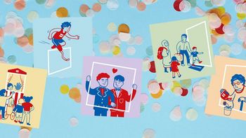 Buntes Konfetti auf blauem Hintergrund. Darauf quadratische illustrierte Bilder.