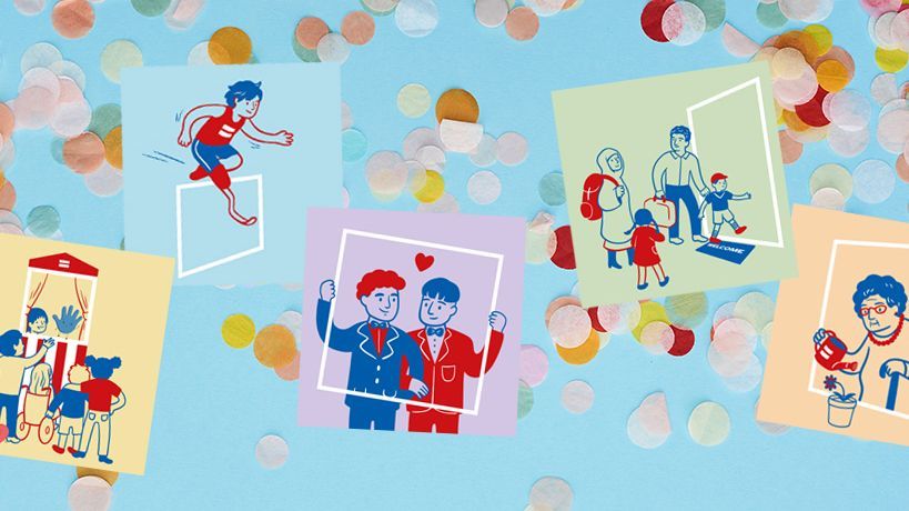 Buntes Konfetti auf blauem Hintergrund. Darauf quadratische illustrierte Bilder.