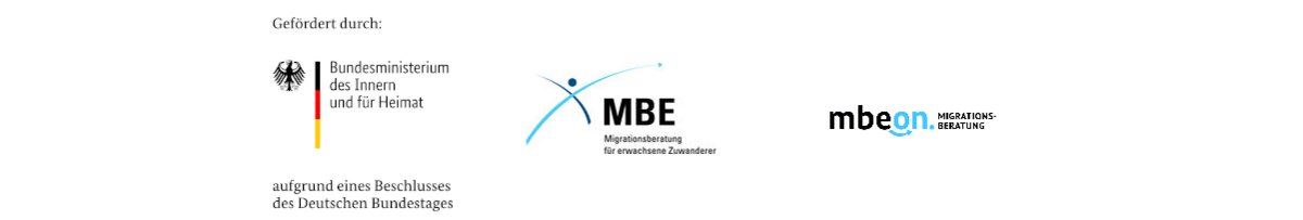 Logos: Bundesinnenministerium, Migrationsberatung für Erwachsene MBE, mbeon Migrationsberatung