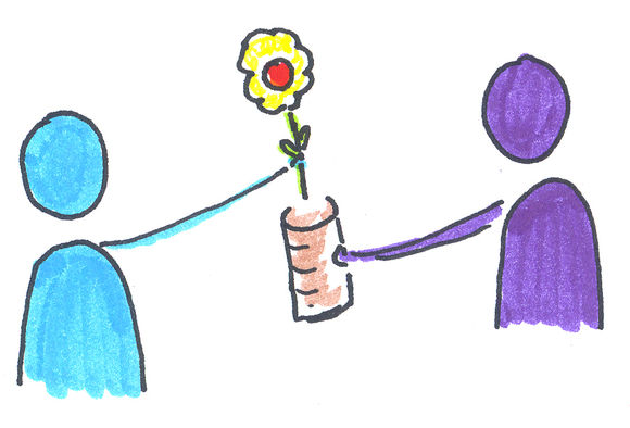 Eine hellblaue und eine lila Person halten gemeinsam eine Blumenvase in ihrer Mitte.