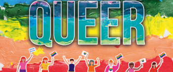 Zeichnung auf der viele Menschen Regenbogenflaggen schwenken, in der Mitte steht "QUEER"