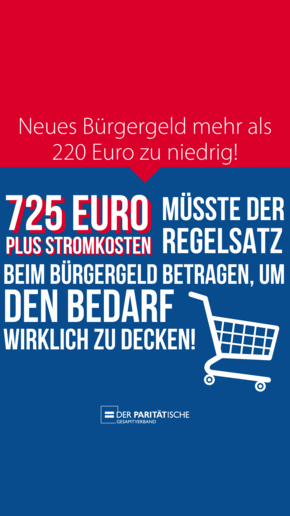 Grafik: Einkaufswagen. Dazu Text: Neues Bürgergeld mehr als 220 Euro zu niedrig! 725 Euro plus Stromkosten müsste der Regelsatz beim Bürgergeld betragen, um den Bedarf wirklich zu decken.
