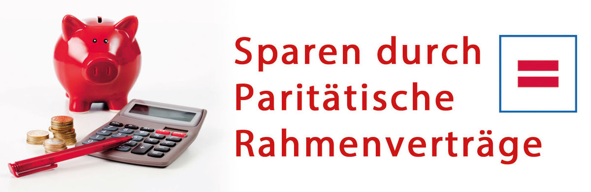 Sparschwein und Paritätisches Logo und Text: Sparen durch Paritätische Rahmenverträge
