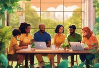 Das animierte Bild zeigt eine Gruppe von sechs Menschen an einem Tisch, der Raum in dem sie sind hat viele Pflanzen