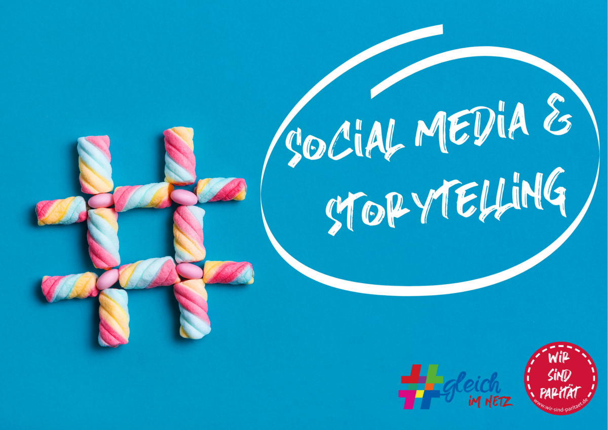 Mit bunten Süßigkeiten ist eine Raute gelegt auf blauem Grund, daneben der Schriftzug "Social Media & Storytelling"