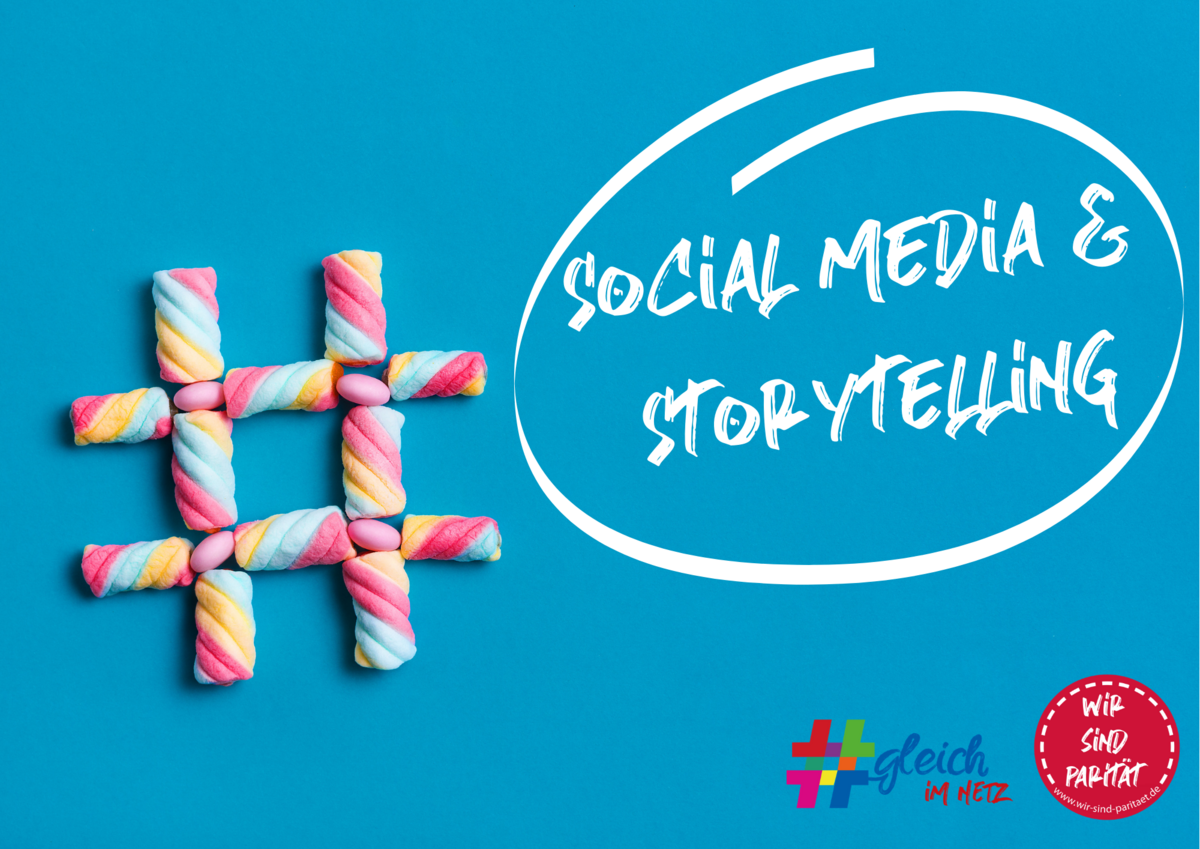 Workshop "Social Media und Storytelling" beim Digital-Festival Mit bunten Süßigkeiten ist eine Raute gelegt auf blauem Grund, daneben der Schriftzug "Social Media & Storytelling"