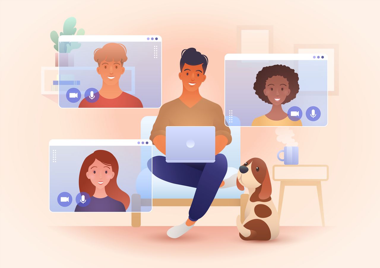Eine digitale Illustration zu einer Inforeihe im Homeoffice. Im Zentrum sitzt eine Person mit braunen Haaren im Schneidersitz auf einem hellblauen Sofa und bedient einen Laptop auf ihrem Schoß. Neben dem Sofa sitzt ein braun-weiß gefleckter Hund und blickt aufmerksam nach oben. Rechts daneben steht ein kleiner Tisch mit einer dampfenden Tasse. Um die Hauptperson herum sind drei geöffnete Videokonferenz-Fenster mit weiteren Teilnehmenden zu sehen: Oben links ein Mann mit rötlich-blonden Haaren, oben rechts eine Frau mit dunkelbraunen, lockigen Haaren und unten links eine Frau mit langen braunen Haaren. Der Hintergrund ist in warmen Pastelltönen gehalten.