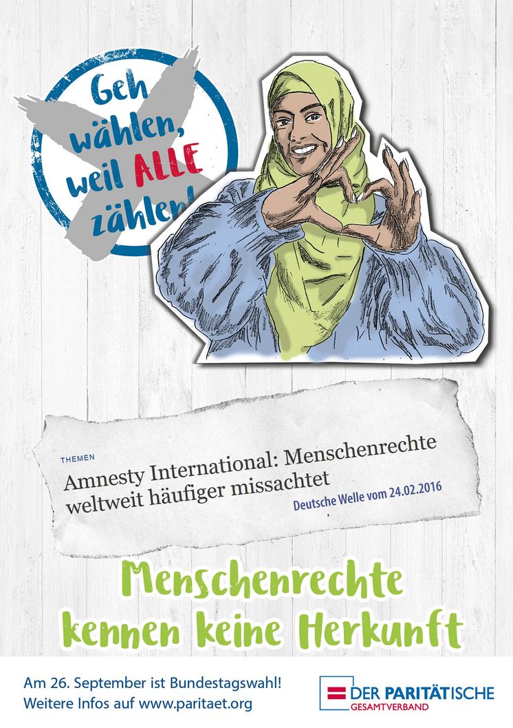 Plakat: Geh wählen, weil ALLE zählen! Menschenrechte kennen keine Herkunft.