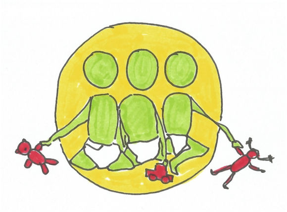 Drei grüne Kinder mit weißen Windeln sitzen im Schneidersitz und halten rote Puppen.