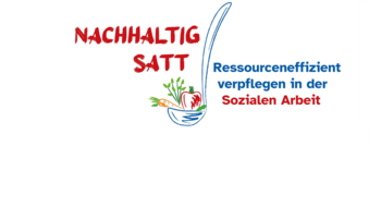Das Bild zeigt das Logo des Projekts Nachhaltig Satt. Eine Kelle mit Gemüse und der Projekttitel ist zu sehen.