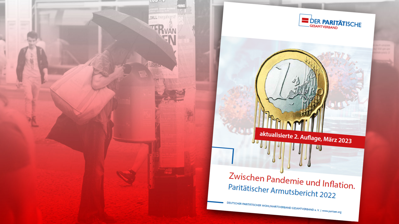 Bildmontage mit einer Person im Hintergrund, die einem Mülleimer an einer Straßenlaterne durchsucht, davor eine Broschüre mit dem Titel: "Zwischen Pandemie und Inflation. Paritätischer Armutsbericht 2022. Aktualisierte 2. Auflage, März 2023".