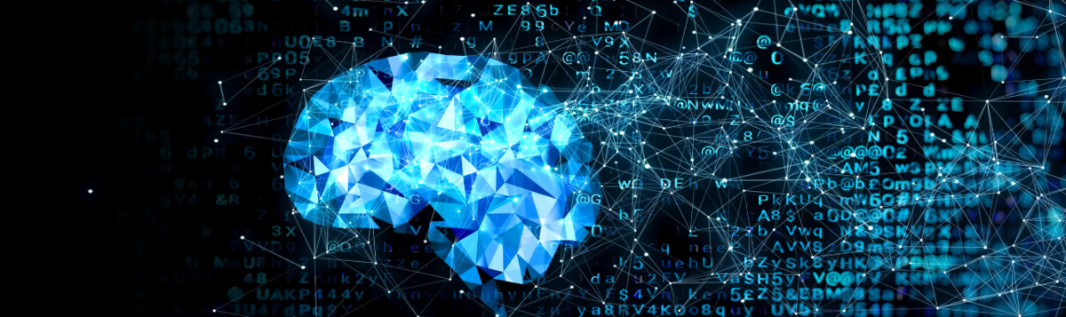 Symbolbild für künstliche Intelligenz mit Zeichen und Daten im Hintergrund und einem künstlichen, blau leuchtenden Gehirn im Vordergrund