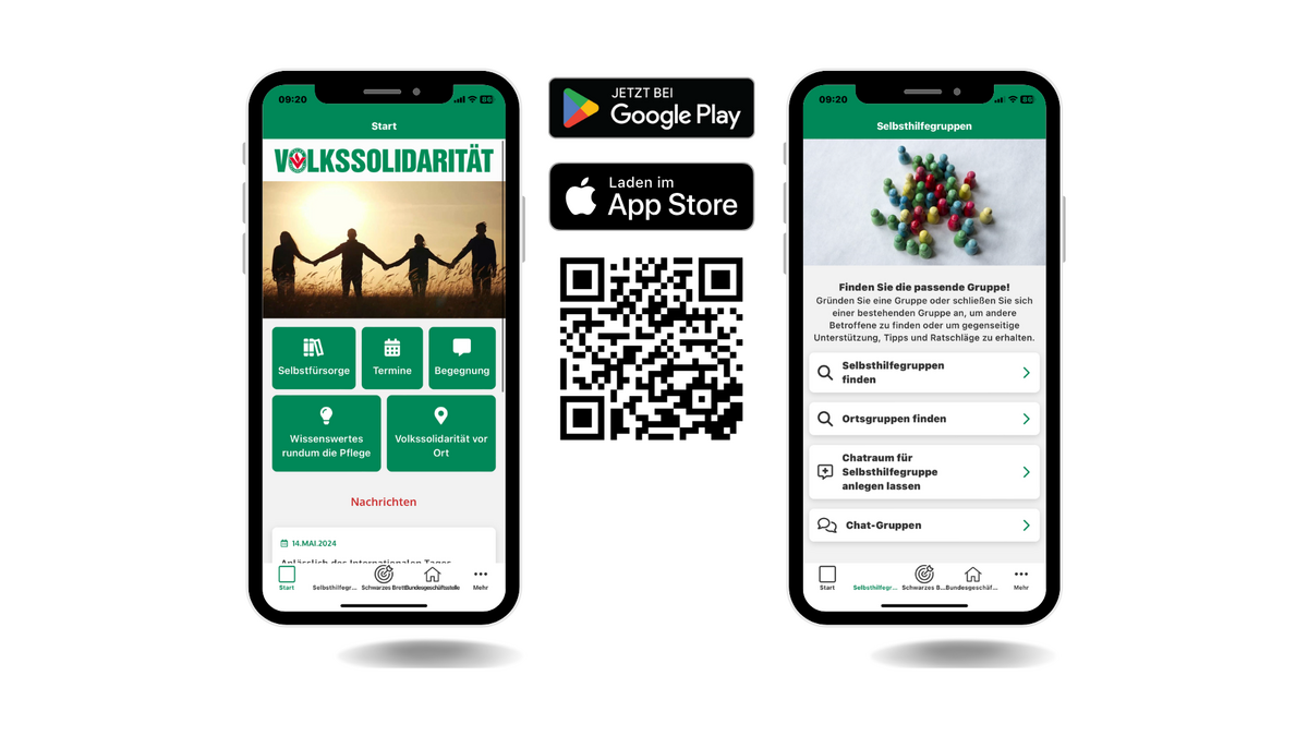 Zwei Smartphones mit Ansichten der App der Volkssolidarität und QR-Code zum Download der App.