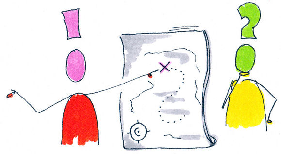 Eine rote Person steht vor einem großen Blatt Papier mit unlesbarer Schrift darauf, die hat als Kopf ein Ausrufezeichen, hinter dem Papier steht eine gelbe Person, die als Kopf ein Fragezeichen hat.