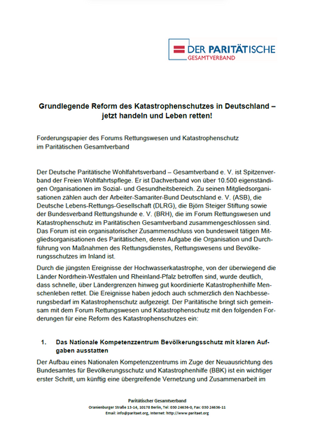 Ein Textdokument mit dem Logo des Paritätischen Gesamtverband und der Überschrift: "Grundlegende Reform des Katastrophenschutzes in Deutschland – jetzt handeln und Leben retten!"