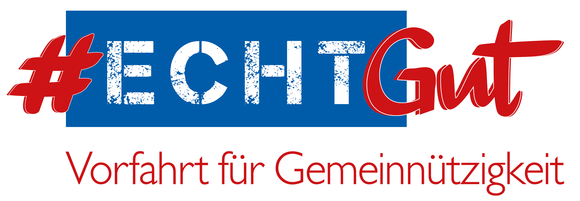 Ein Logo mit Schrift und einem großen Kasten: #EchtGut – Vorfahrt für Gemeinnützigkeit