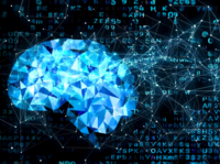 Symbolbild für künstliche Intelligenz mit Zeichen und Daten im Hintergrund und einem künstlichen, blau leuchtenden Gehirn im Vordergrund