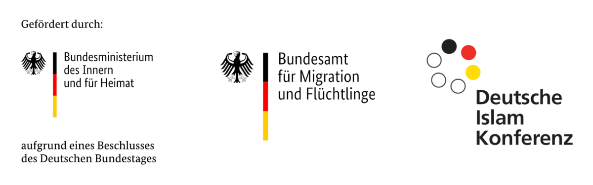 Logos: Gefördert durch Bundesministerium des Innern und für Heimat aufgrund eines Beschlusses des Bundestages. Bundesamt für Migration und Flüchtlingen. Deutsche Islam Konferenz.