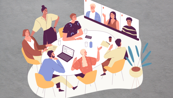 Illustration einer Online-Konferenz: Eine Gruppe von Menschen sitzt einem Tisch und diskutiert angeregt mit weiteren Diskussions-Teilnehmenden an einer Bildschirmwand. 