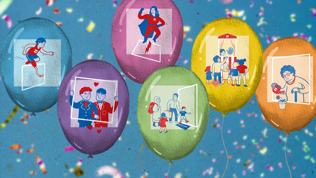 Konfetti fliegt in der Luft, dazu bunte Luftballos, auf denen unterschiedliche Motive aus Arbeitsfeldern des Paritätischen Gesamtverbandes zu sehen sind: Z.B. eine Geflüchteten-Familie, eine Kindergruppe, eine Seniorin, eine Frau mit Behinderung, eine Frau im Superheldinnen-Anzug.
