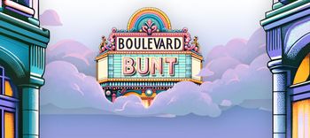 Bunte Illustration im Stil der 70er Jahre. Aus lila Wolken erscheint die Fassade eines alten Kinos and dem mit Leuchtschrift "Boulevard Bunt steht".
