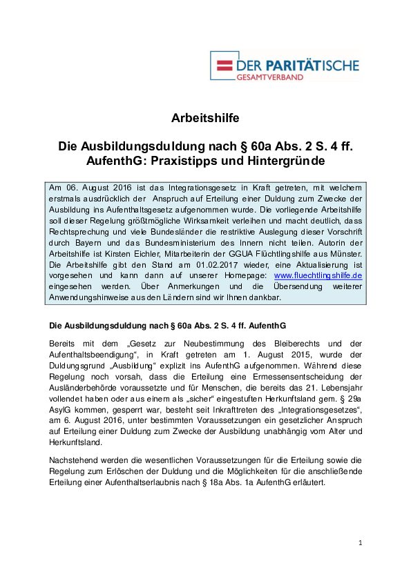 Arbeitshilfe: Die Ausbildungsduldung nach § 60a Abs. 2 S. 4 ff. AufenthG: Praxistipps und Hintergründe Arbeitshilfe: Die Ausbildungsduldung nach § 60a Abs. 2 S. 4 ff. AufenthG: Praxistipps und Hintergründe