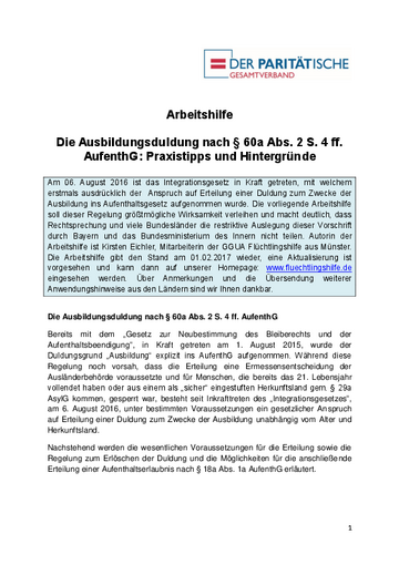 Arbeitshilfe: Die Ausbildungsduldung nach § 60a Abs. 2 S. 4 ff. AufenthG: Praxistipps und Hintergründe