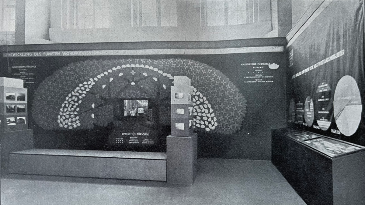 Ein Ausstellungsraum mit verschiedenen Infotafeln, Sitzgelegenheiten und im Hintergrund einer großen Grafik, die an einen Baum erinnert.