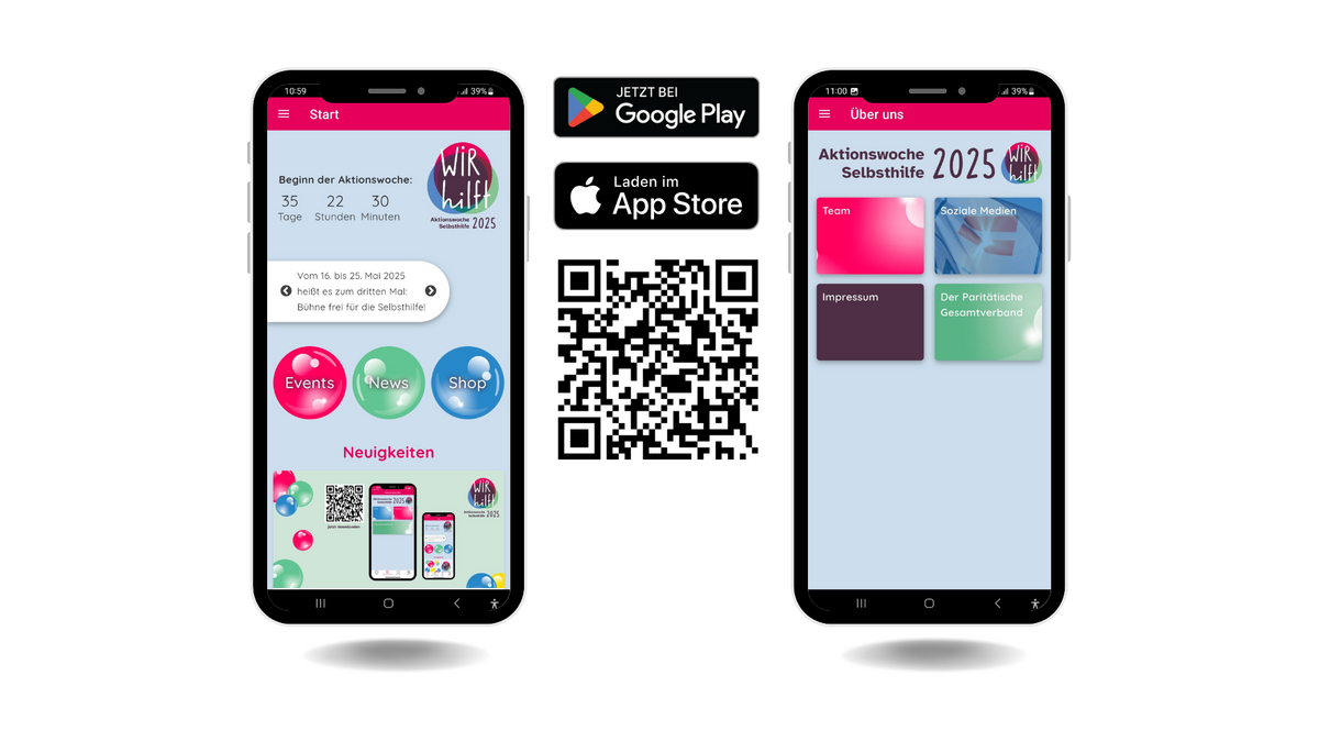 QR Code zum Download der App und zwei Handybildschrime, die eine Vorschau auf die App Aktionswoche Selbsthilfe