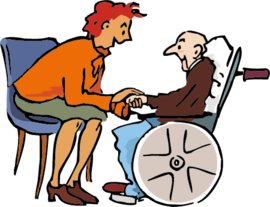 Eine junge Frau besucht einen alten Mann im Pflegeheim.
