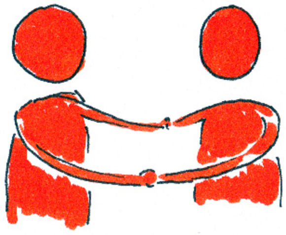 Zwei rote Personen sind einander zugewandt und halten sich an den Händen.