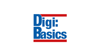 Das Logo zeigt die Worte Digi:Basics in blauer Schrift, eingerahmt von einer roten Linie oben und unten.