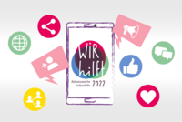 Ein Smartphone mit dem Logo der Aktionswoche Selsbthilfe 2022. Um das Smartphone sind verschiedene Icons im Social Media-Kontext abgebildet
