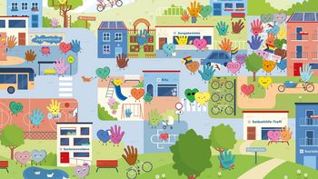 Wimmelbild das viele soziale Einrichtungen zeigt. Statt Menschen sind lauter kleine Herzen und Hände zu sehen.