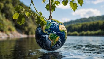 Bildbeschreibung: Eine Weltkugel hängt von einem Seil über einem See. Foto: freepik