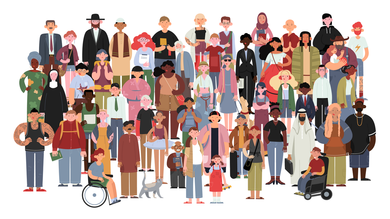 Illustration einer vielfältigen Gruppe von Menschen unterschiedlichen Alters, Geschlechts, unterschiedlicher Hautfarben, Menschen mit und ohne Behinderung, alt und jung ...