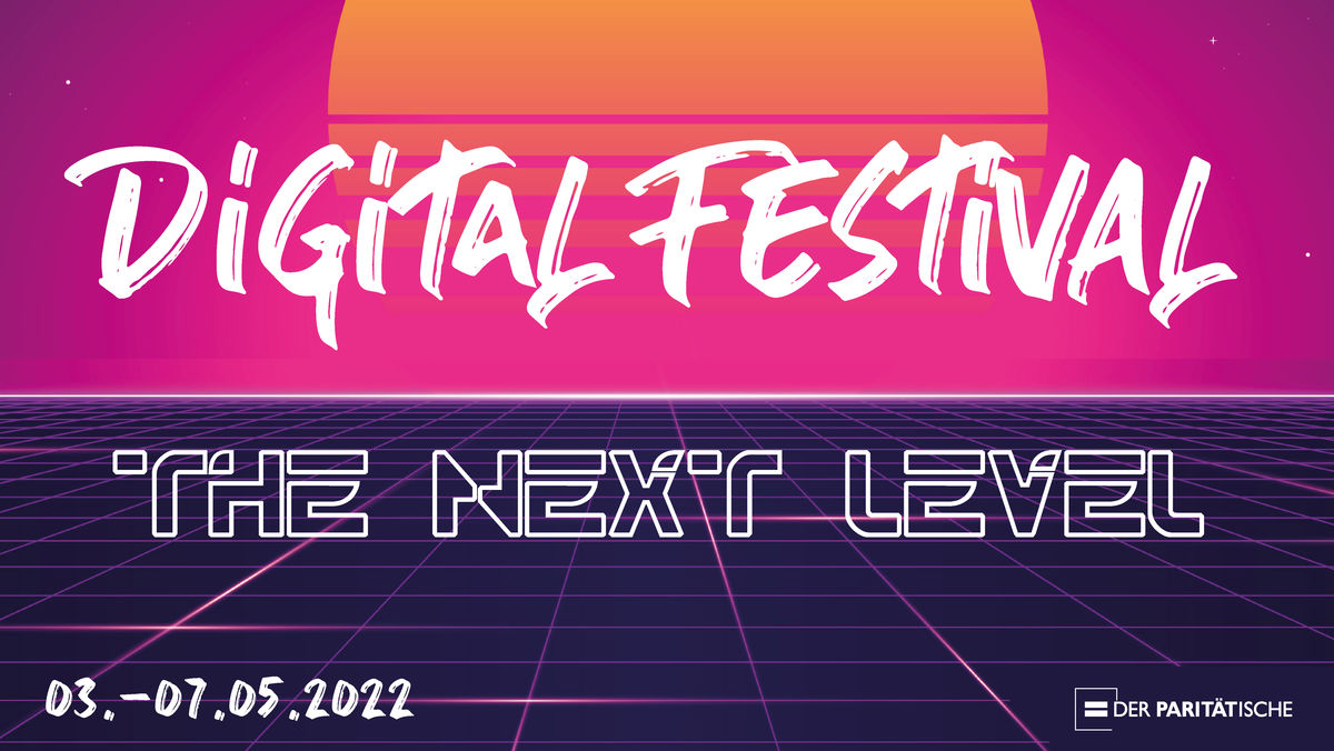 Visual zur Digitalisierungs-Aktionswoche Digital-Festival - The Next Level Visual des Digital-Festival: Titel vor Sonnenaufgang in futuristischer Landschaft
