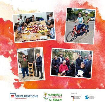 Das Bild zeigt das Titelbild der Broschüre. Es sind vier Fotos aus den Einrichtungen von partizipativen Klimaschutzaktionen zu sehen. 