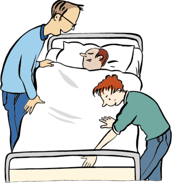 zwei Pflegekräfte kümmern sich um eine im Bett liegende Person
