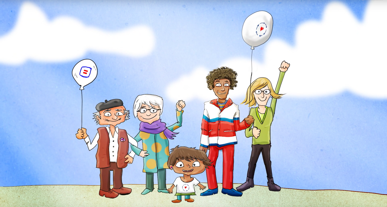 Vor blauem Himmel steht eine Familie: Oma, Opa, Papa, Mama und ein Kind, sie halten einen Luftballon mit einem Paritätischen Logo und einen Ballon mit einem Herz, sie schauen zufrieden und entschlossen, Oma und Mama recken die Faust in den Himmel. 