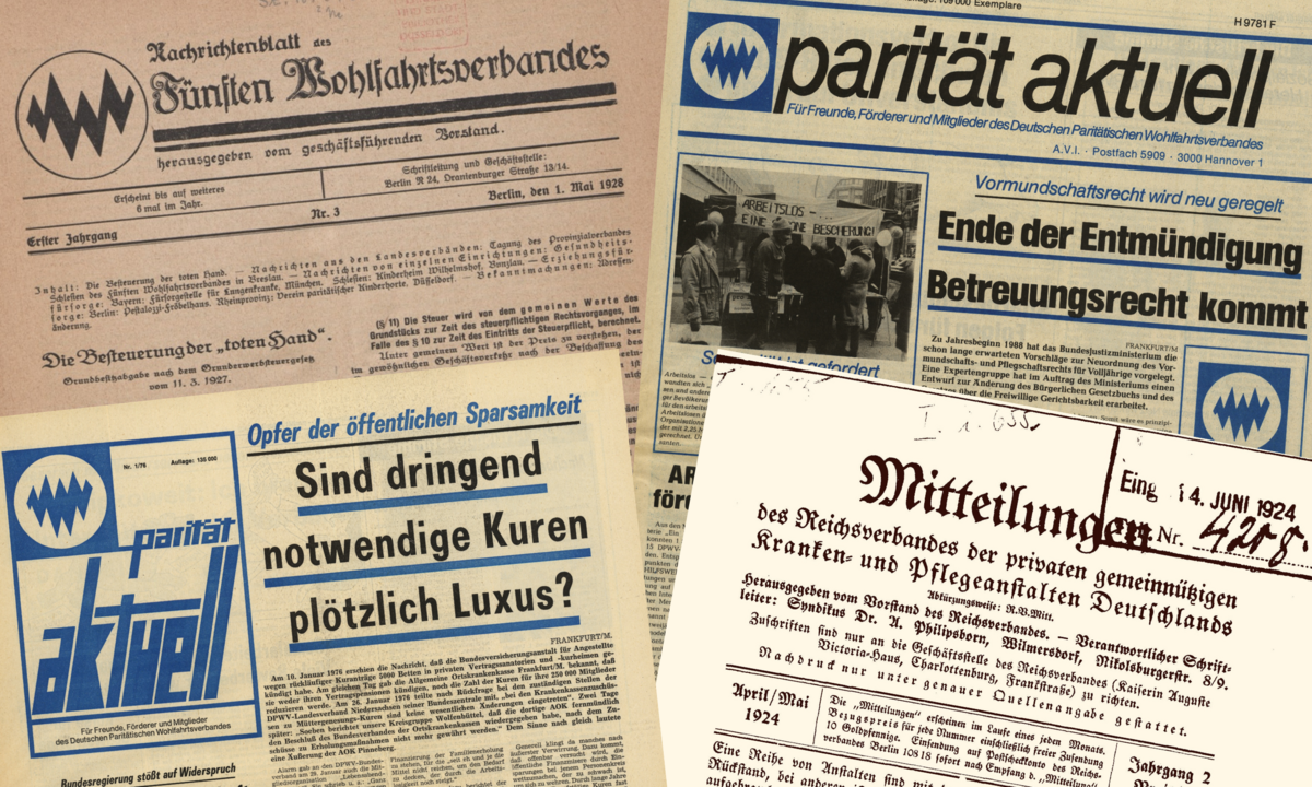 Es sind die Bilder von vier historischen Veröffentlichungen des Paritätischen zu sehen: Das Nachrichtenblatt des Fünften Wohlfahrtsverbandes von 1928, die parität aktuell von 1976 und 1988 sowie die Mitteilungen des Reichsverbandes der privaten gemeinnützigen Kranken- und Pflegeanstalten Deutschlands von 1924.