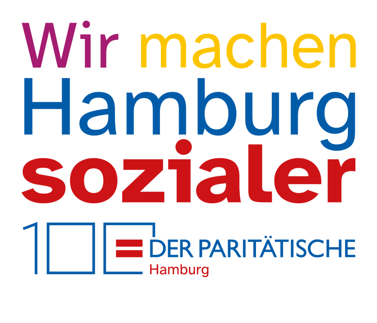 Text in vielen unterschiedlichen großen, bunten Buchstaben: Wir machen Hamburg sozialer. 100 Jahre Der Paritätische Hamburg.