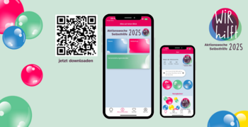 QR Code zum Download der App und zwei Handybildschrime, die eine Vorschau auf die App der Aktionswoche Selbsthilfe 2025 zeigen