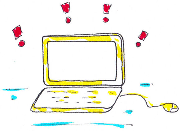 Ein Laptop mit Stromkabel, um den Bildschirm, der weiß ist, schweben vier rote Ausrufezeichen.